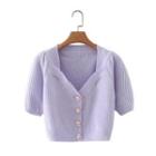 Short-sleeve Plain Cropped Knit Cardigan Purple - One Size