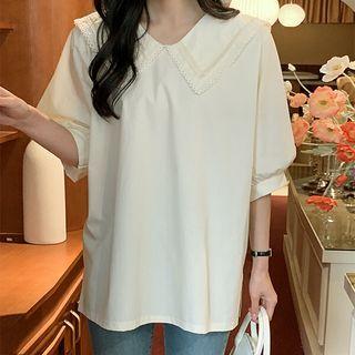 Elbow-sleeve Lace-collar Blouse