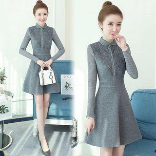 Crochet Lace Panel Long-sleeve A-line Dress