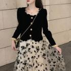 Velvet Blouse / Floral Print Midi Skirt