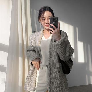 Fray-edge Wool Blend Herringbone Jacket