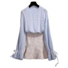 Cable Knit Sweater / Tweed Mini A-line Skirt / Set