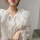 Ruffle-trim Tie-neck Lace Blouse White - One Size