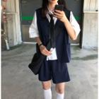 Elbow-sleeve Shirt With Tie / Vest / Shorts
