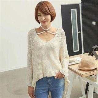 V-neck Long Open-knit Top