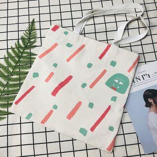 Print Canvas Tote Bag Green & Yellow Dot - White - One Size