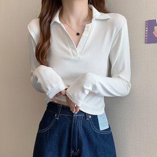 Plain Lapel Long-sleeve Cropped T-shirt