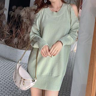 Faux Pearl Cold Shoulder Long Sweater