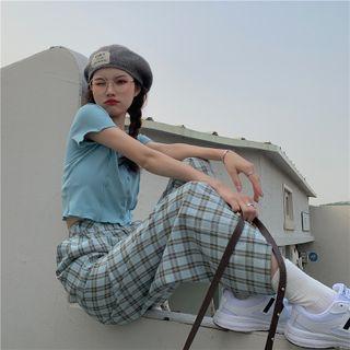 Short-sleeve Button-up T-shirt / Plaid Wide-leg Pants