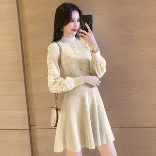 Mock-turtleneck Embroidered Long-sleeve Knit Dress