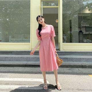 Puff-sleeve Tie-waist Linen Dress