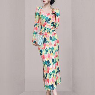 Long-sleeve Geometric Print Midi Sheath Dress