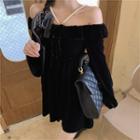 Long-sleeve Off-shoulder Faux Pearl Mini A-line Dress