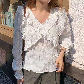 Long-sleeve Ruffled V-neck Lace Trim Blouse
