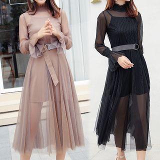 Set: Long-sleeve A-line Mesh Dress + Slipdress + Belt