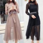 Set: Long-sleeve A-line Mesh Dress + Slipdress + Belt