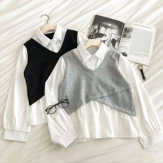 Mock Two-piece Asymmetric Crewneck Long-sleeve Shirt