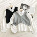 Mock Two-piece Asymmetric Crewneck Long-sleeve Shirt