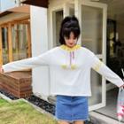 Embroidered Color Panel Long Sleeve T-shirt White - One Size