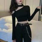 Cold-shoulder Cropped T-shirt / High-waist Pants With Chain / Belt