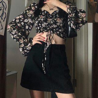 Floral Long-sleeve Top / A-line Skirt