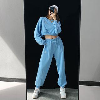 Set: Embroidered Cropped Sweatshirt + Loose-fit Sweatpants