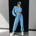 Set: Embroidered Cropped Sweatshirt + Loose-fit Sweatpants