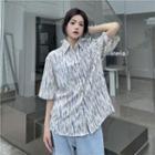 Short Sleeve Striped Front-pocket Loose-fit Shirt