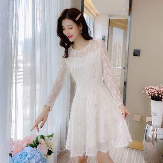 Star Embroidered Long-sleeve Lace A-line Mini Dress