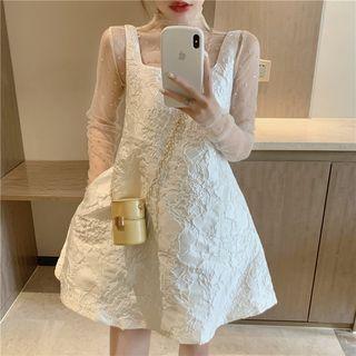 Dot Long-sleeve Sheer Top / Floral Embroidery Sleeveless Dress