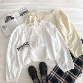 Perforated Eyelet-lace Crewneck Long-sleeve Blouse