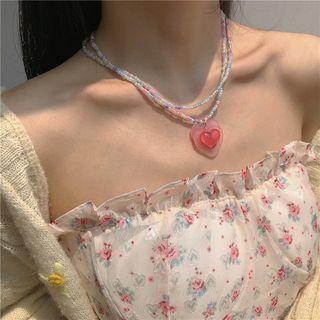 Heart Layered Bead Necklace Pink & Purple & Green - One Size