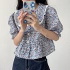 Floral Print Collared Puff-sleeve Blouse Floral - Blue - One Size