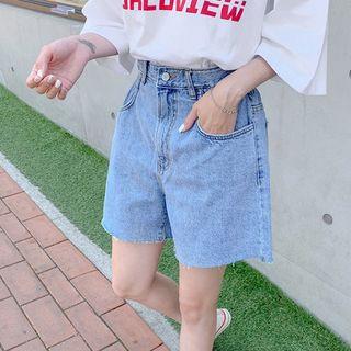 Elasticized Paperbag-waist Wide-fit Denim Shorts