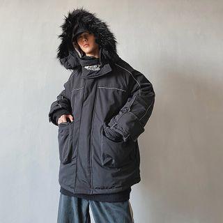 Faux Fur Trim Fleece-lined Lettering Hooded Zip Jacket