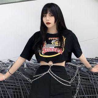 Chain Accent Cropped Short-sleeve T-shirt Black - One Size