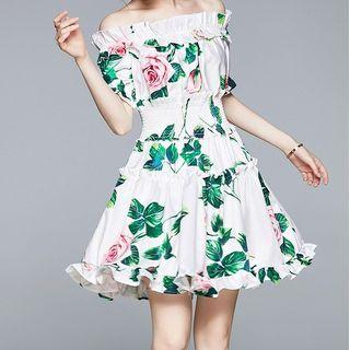 Off-shoulder Ruffle Trim Floral Mini A-line Dress