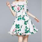 Off-shoulder Ruffle Trim Floral Mini A-line Dress