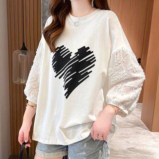 3/4-sleeve Printed Lace Top White - One Size