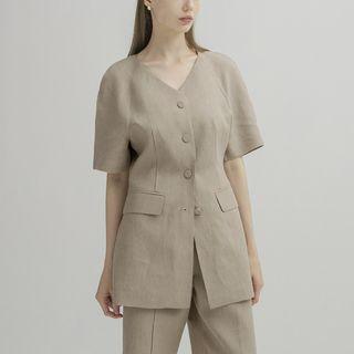 Puff-sleeve Collarless Linen Jacket