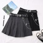 Pleated High-waist Mini Skirt With Belt & Chain