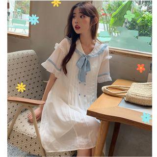 Short-sleeve Double-breasted Chiffon Dress White - One Size