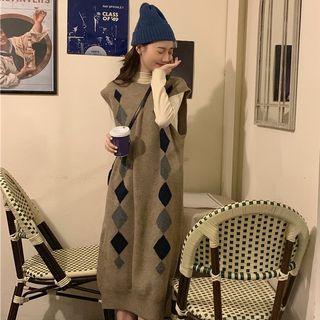 Turtleneck Long Sleeve T-shirt / Argyle Sleeveless Knit Dress