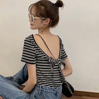 Short-sleeve Stripped Ribbon Back T-shirt