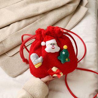 Christmas Brooch Drawstring Fleece Bucket Bag