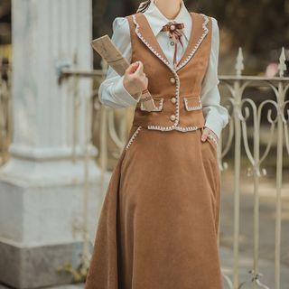 Shirt / Embroidered Trim Vest / Midi A-line Skirt / Set