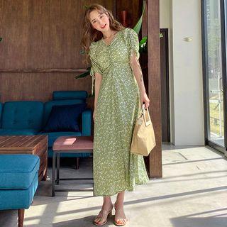 Shirred-detail Floral Print Long Dress