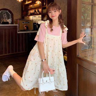 Floral Short-sleeve A-line Dress / Strappy Dress