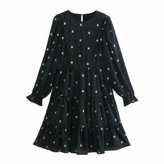 Long-sleeve Floral Embroidered Mini A-line Dress