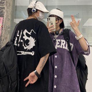 Couple Matching Elbow-sleeve Letter Embroidered Single-breasted Jacket